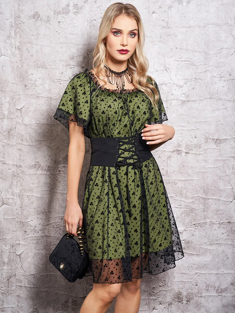 

Women's Summer Dresses Floral Pattern Mesh Overlay Mini Dress Ruffles Short Sleeve Lace-up Belt Dress Green Dress