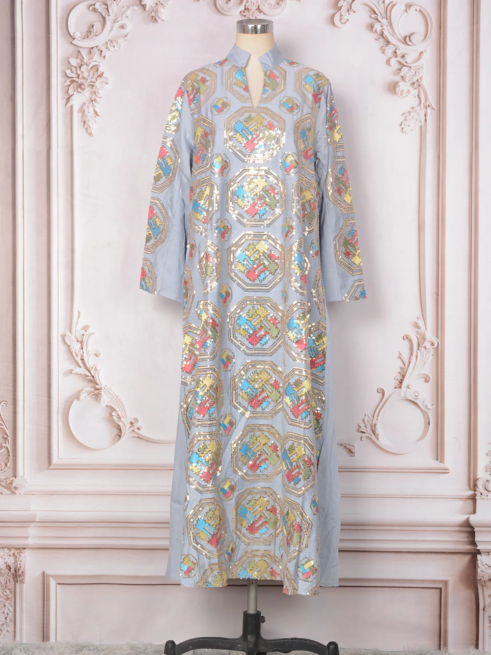 

Uni Embroideried Sequin Luxurious Dresses With Long Sleeves Muslim Dubai Fashion Elegant Loose Abayas Women's Evening Dress