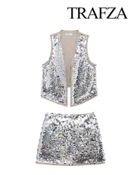 TRAFZA Women's Summer Chic Sequin Decorated Short Vest Streetwear + Sexy High Waist Back Zipper Women's Short Skirts 2 Color