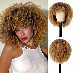 Afro Golden Brown Synthetic Wigs Kinky Curly Bob Bomb Wig with Bangs Short Curly Hair for Black Women Brazilian Heat Resistant