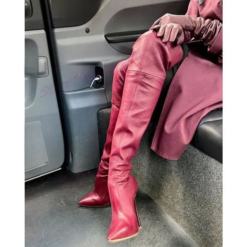 

Wine Red Metal Heels Boots Knee High Pointy Toe Shoes for Women Matte Leather Thin High Heel Sexy Shoes 2024 Zapatos Para Mujere
