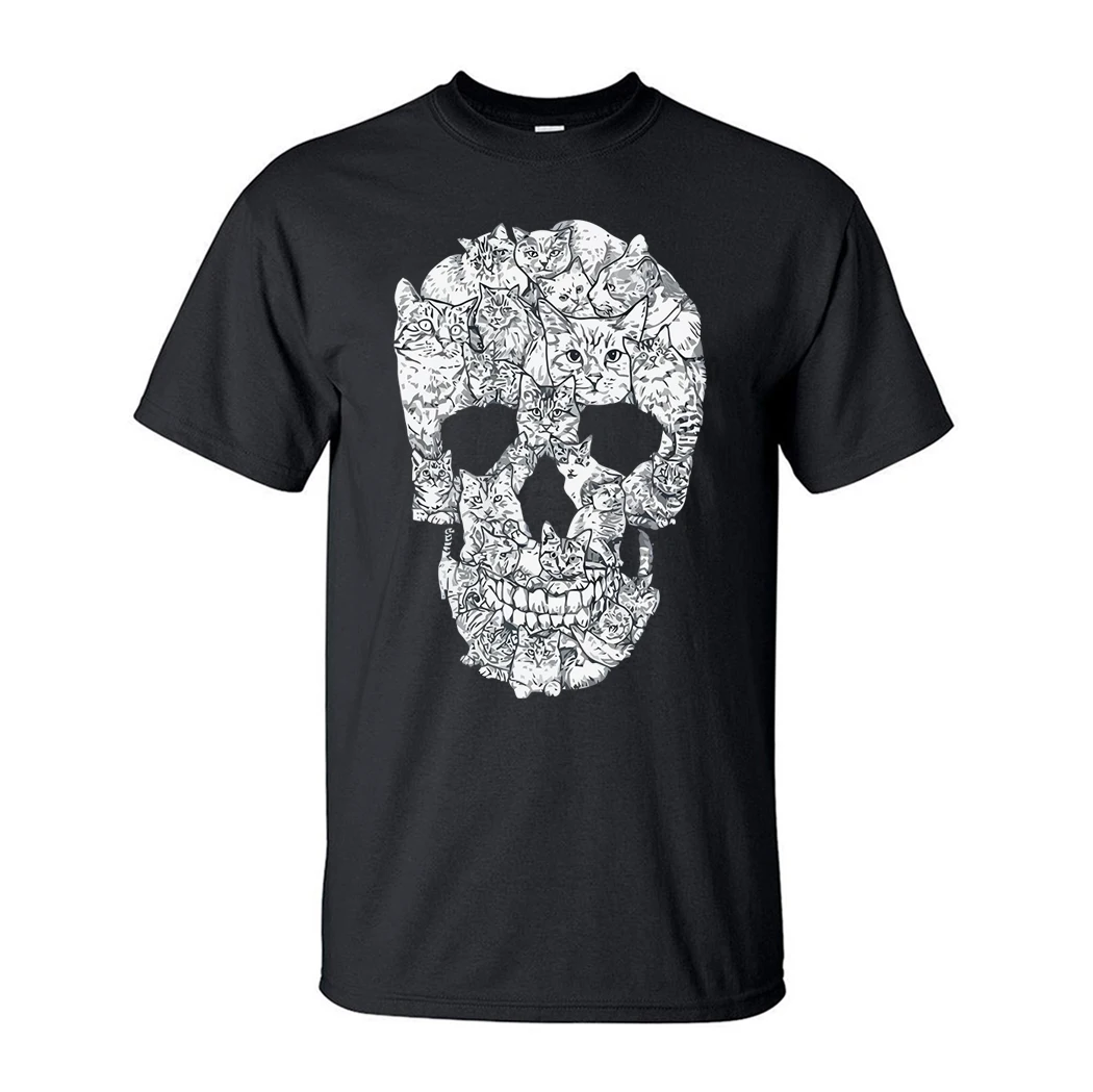 Funny Design Cats Skull T Shirt For Men 2024 Summer 100% Cotton Short Sleeve Tee Male Tops Animal Fashion Fitness Streetwear