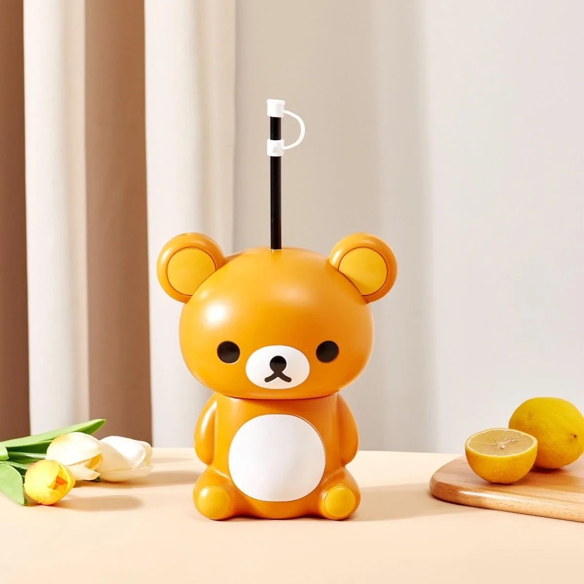 550ml Cartoon Rilakkumas Model Straw Cup Kawaii Korilakkuma Water Bottle PP Cold Drink Cup Portable Outdoor Bottle For Kid Adult