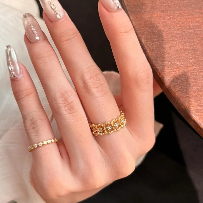 Fashion palace style lace hollow out inlay diamond rings for women brushed craftsm simple ring adjustable banquet jewelry gift