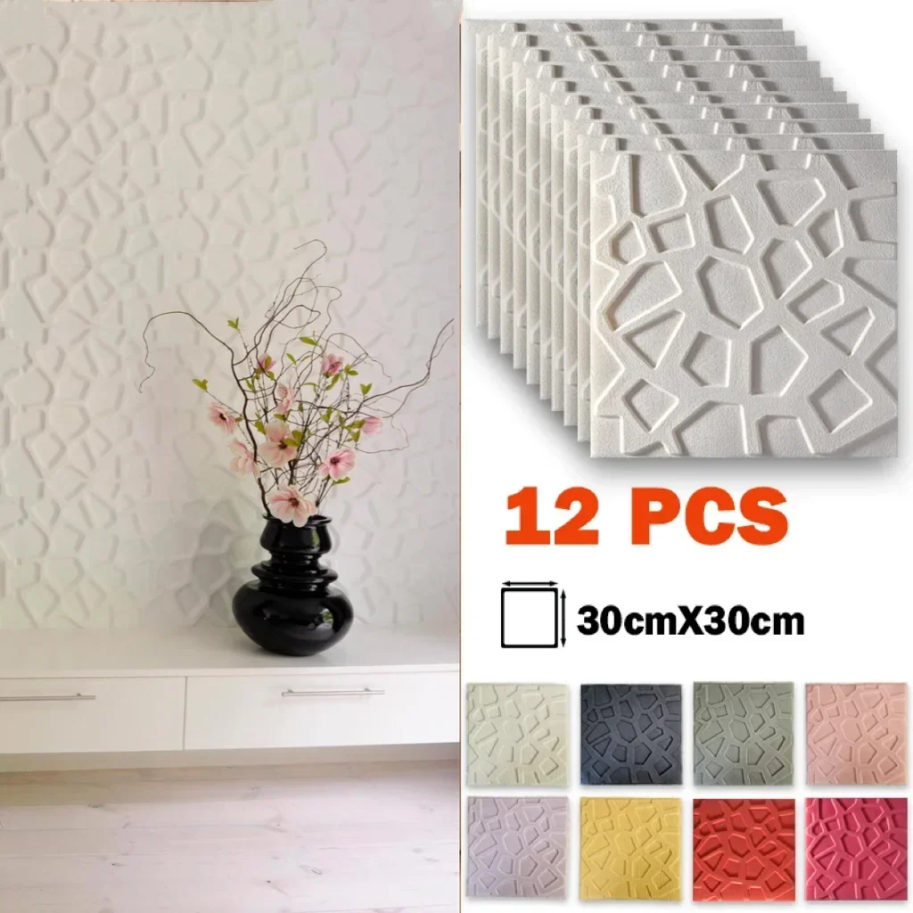 12pcs Self-Adhesive Foam 3D Wall Stickers Solid Color Decorative Waterproof Wallpaper for Living Room Bedroom Decor Wallpaper
