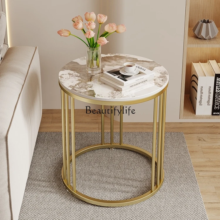 

03.Light luxury simple round small coffee table rock slab sofa side few living room balcony movable creative side table
