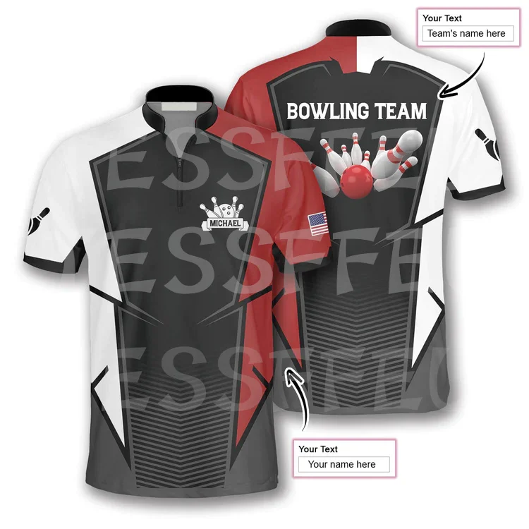 Custom Name Bowling Jersey Sports Player Tattoo 3DPrint Summer Casual Polo Zipper Shirts Streetwear Short Sleeves T-Shirts XN-10