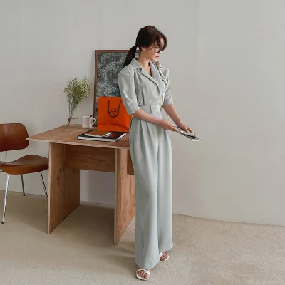 Long Wide Leg Suit Onesie Women's Summer Loose Slimming Chic Casual Drapey Straight Cut Pants High Waist Jumpsuit
