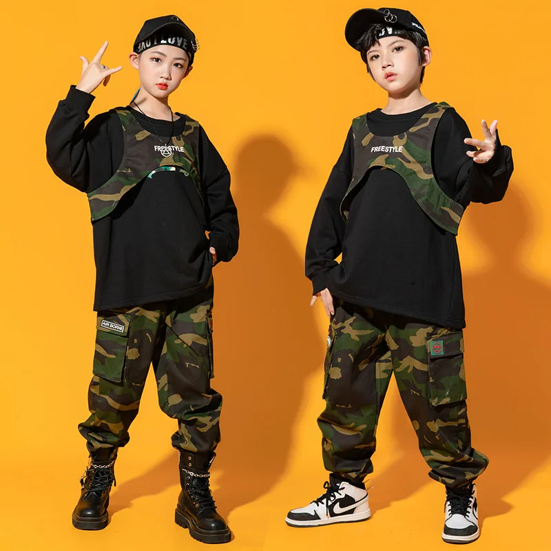 Novas roupas de dança jazz masculinas e femininas, roupas camufladas infantis, ternos de dança de rua modernos e modernos para crianças