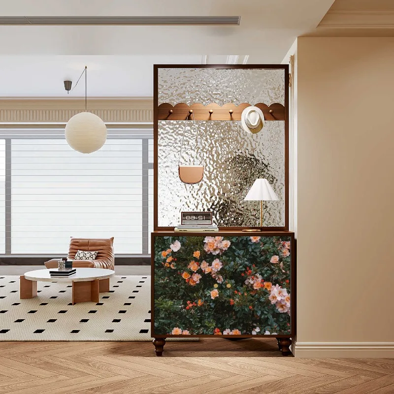 New Chinese-style retro entrance cabinet Solid wood water pattern glass entry door Screen partition Living room storage Shoe cab
