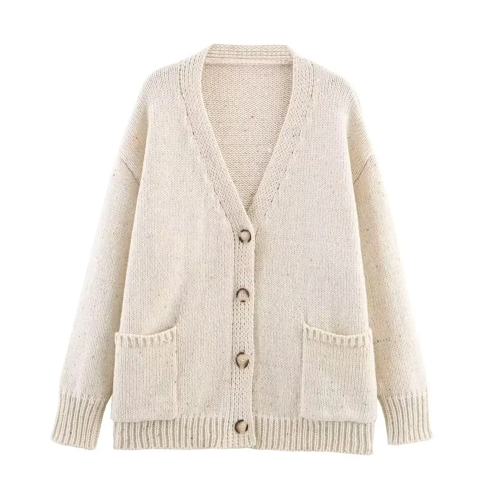 

New women's V-neck long sleeved patch pocket cardigan sweater with small polka dots knitted loose jacket
