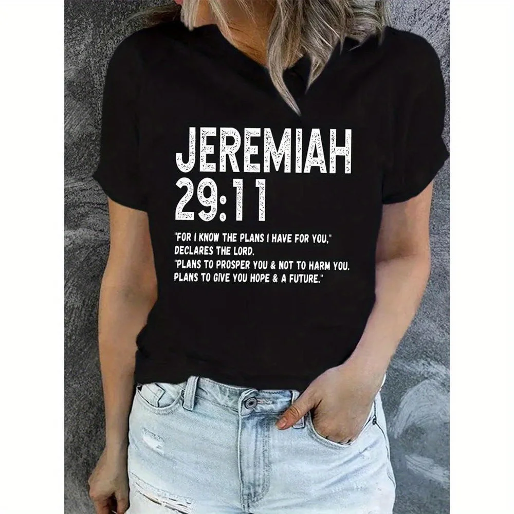 تي شيرت نسائي ملهم لآية الكتاب المقدس كاجوال بأكمام قصيرة ورقبة دائرية مع طباعة JEREMIAH 29:11، أسود، للربيع والصيف
