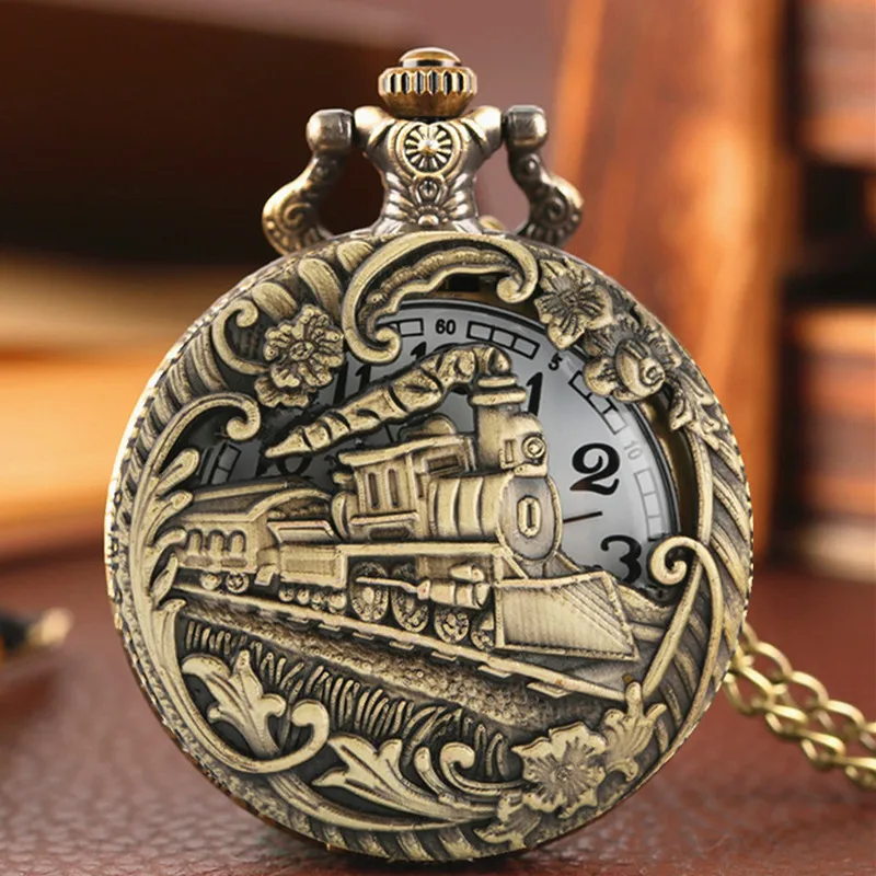 Classic Vintage Steampunk Train Quartz Pocket Watch with Necklace Chain Fashion Bronze Best Gift for Male Men Kids Clock