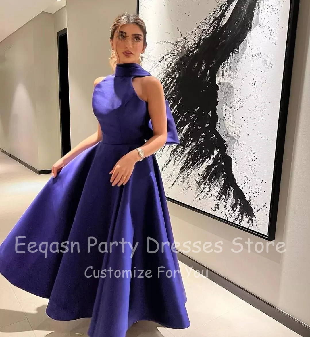 A Line Halter Saudi Arabic Long Prom Dresses Customized Satin Bow Formal Dubai Evening Gowns Special Wedding Guest Dress Women