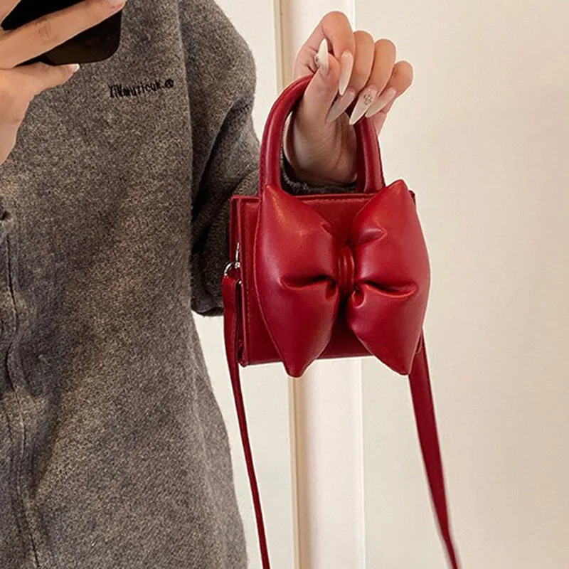 

Fashion Cute Bow Design Solid Color Mini Shoulder Bag with Adjustable Strap Sweet Handbag Trendy Crossbody Bag for Women