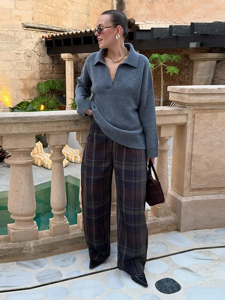 Plaid Patchwork Hose Frauen Set Skew-kragen Langarm Asymmetrische Tops Breite Bein Hosen 2026 Herbst Frühling Casual Straße dame Anzug