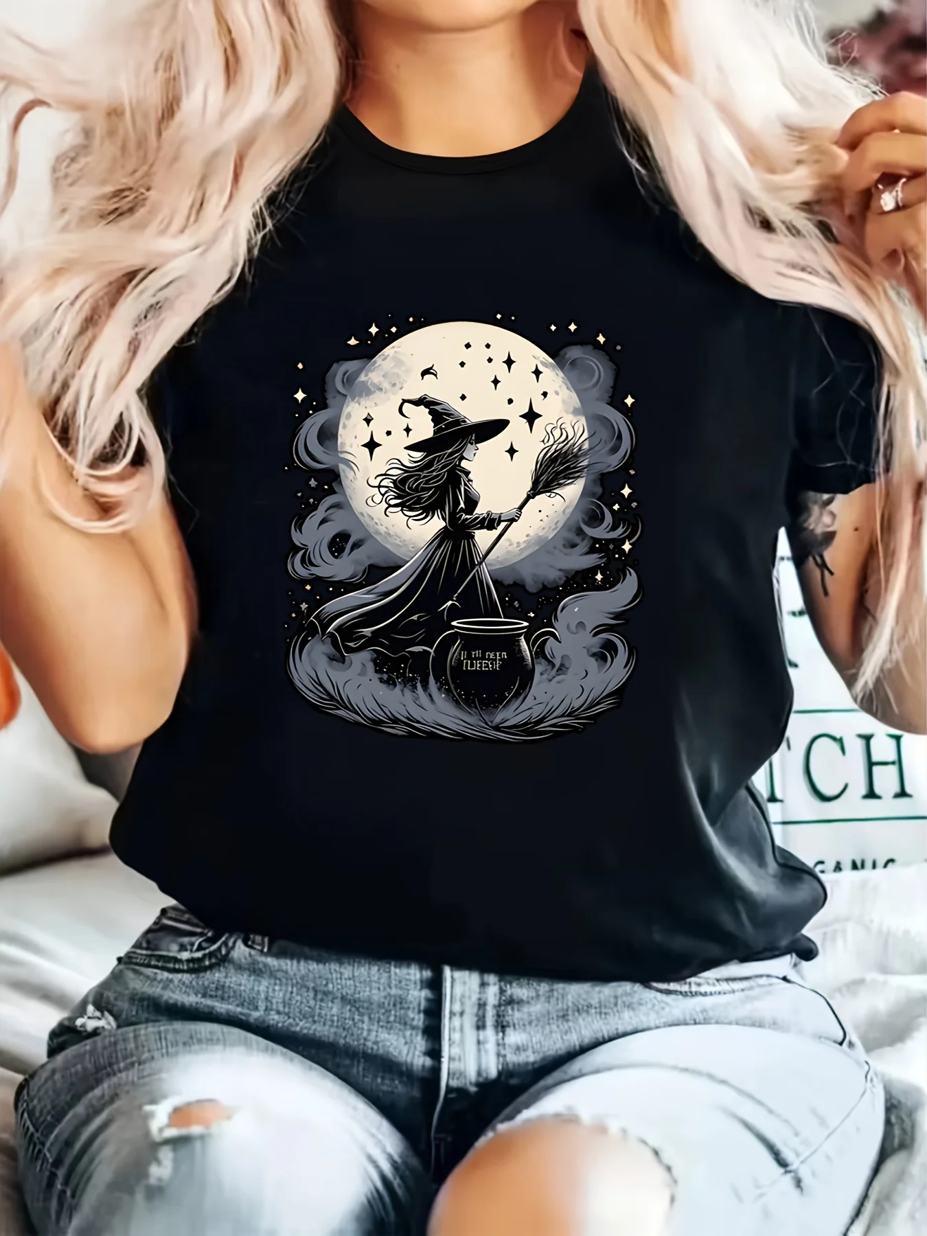 

Женская модная повседневная футболка с принтом на тему Хэллоуина, футболки с рисунком ведьмы, звезды и луны на Хэллоуин, летние футболки Y2K