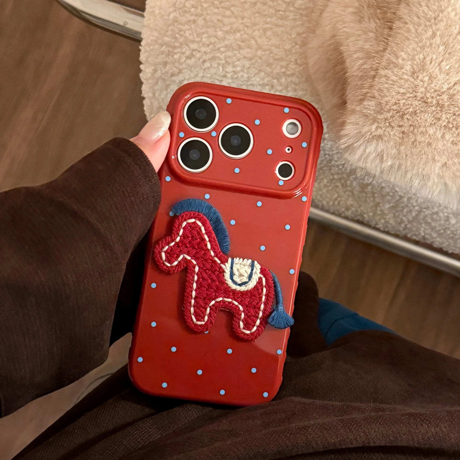 2026 Koreanische Polka Dots 3D Cartoon Stickerei Pferd Pony Handyhülle für iPhone 17 16 15 14 13 12 Pro Max Stoßfeste Weiche Hülle