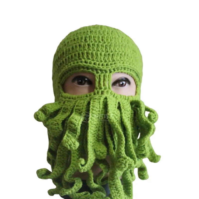 Handmade Solid Octopus Beard Hat Men Winter Custom Crochet Plush Knit Squid Mask Cap Women Cosplay Performance Unisex Face Over