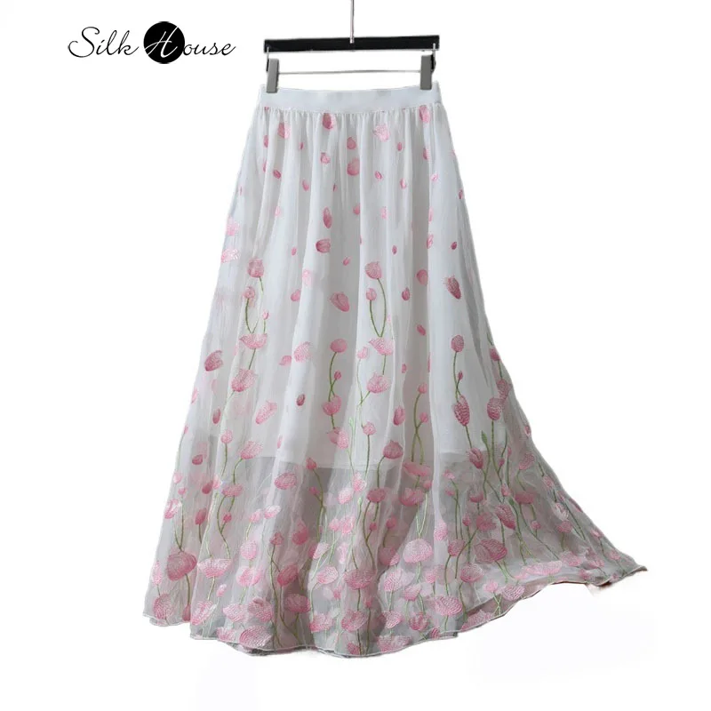 Beautiful Heavy Industry Embroidery 80% Natural Mulberry Silk Non Splicing Elastic Waist Large Swinging Elegant Skirt
