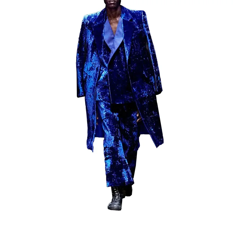 Velluto Royal Blue 3 pezzi abiti da uomo Set per matrimonio soprabito lungo formale + Blazer + pantaloni abito da ballo su misura cappotto smoking sposo