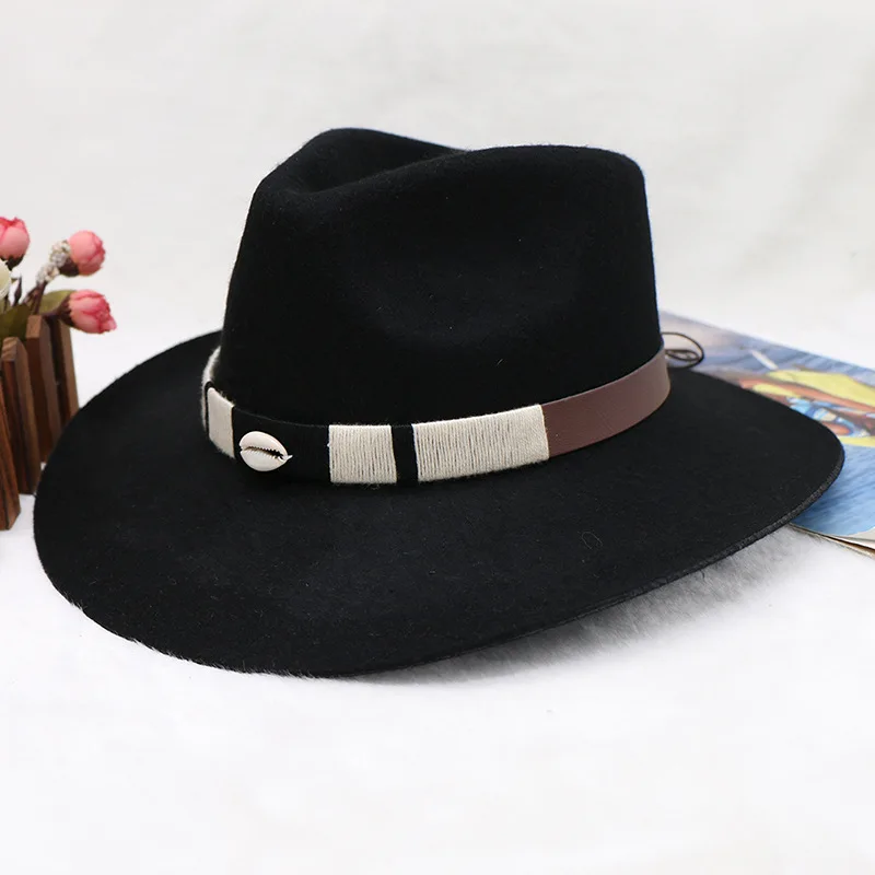 

Woolen Cowboy Hat Bowknot Men's Top Hat Hot Sale In Europe And America Autumn And Winter Hat Tibetan Woolen Belt Hat