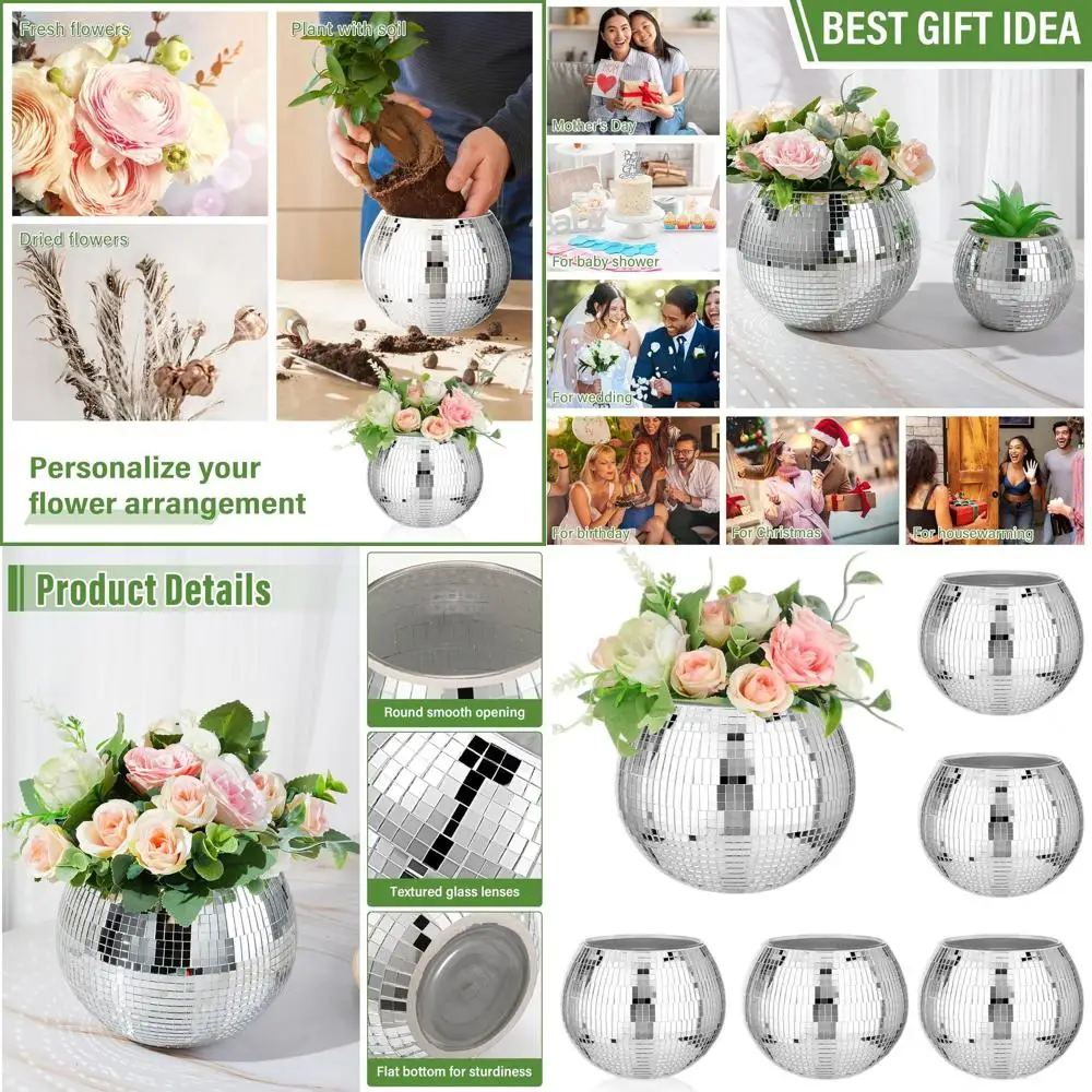 

5x6 дюймов серебряная стеклянная ваза для диско-шара для свадебных центральных украшений, домашнего и офисного декора, дня рождения