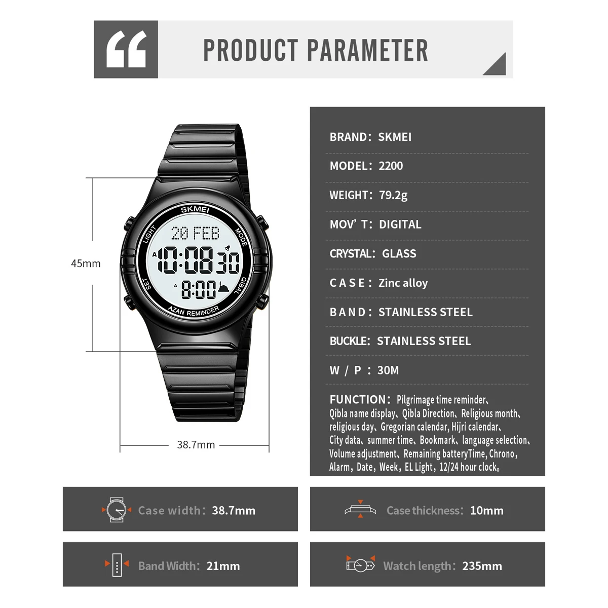 SKMEI Pilgrimage Time Reminder Watches Digital Sport Watch Waterproof Wristwatches For Men Women Qibla Name Display Reloj Hombre