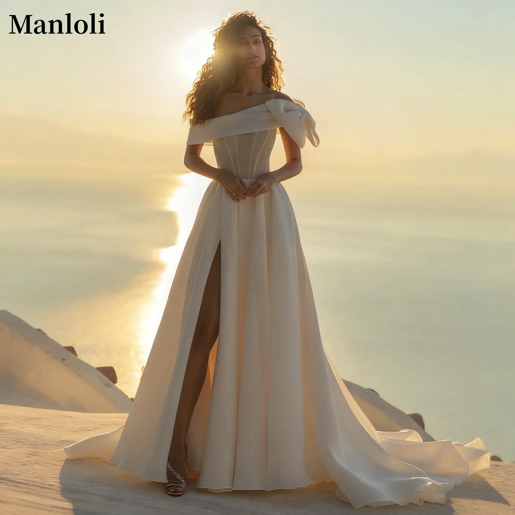 

Customized Elegant Off Shoulder Satin Wedding Dress A-line High Split Princess Bridal Dress Formal Beach Bride Dress