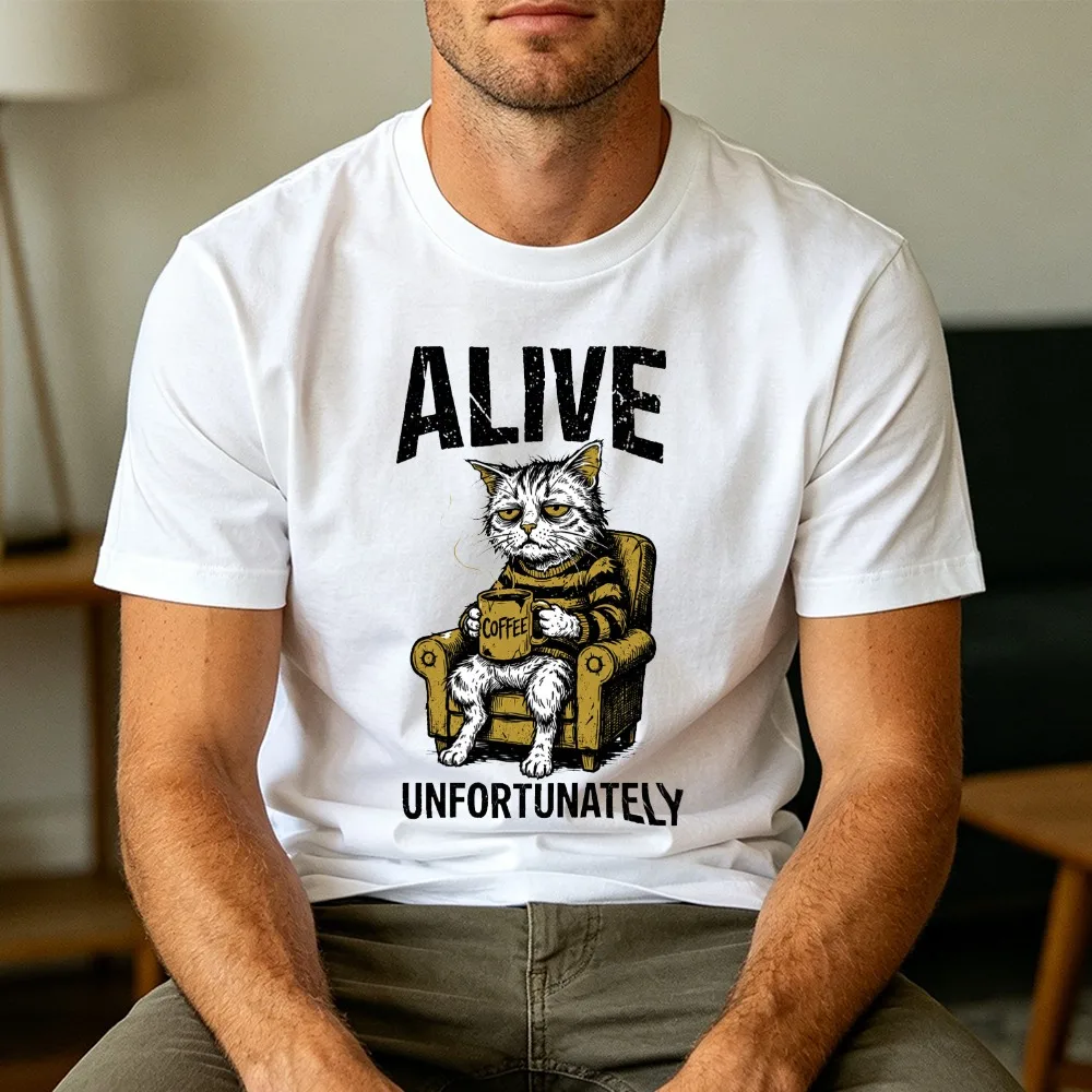 T-shirt unisexe en coton à manches courtes pour homme, motif chat Alive Unfortunately Cat Chair, idéal pour l'été, décontracté et tendance, cadeau pour les amoureux des chats