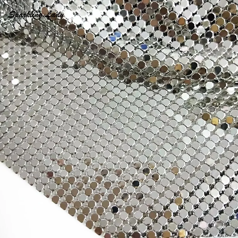 Luxury Metal Mesh Fabric for Women Dresses Shiny 3MM Brass Glitter Sequin Chain Mail Fabric Metallic Cloth High Quality Metallic