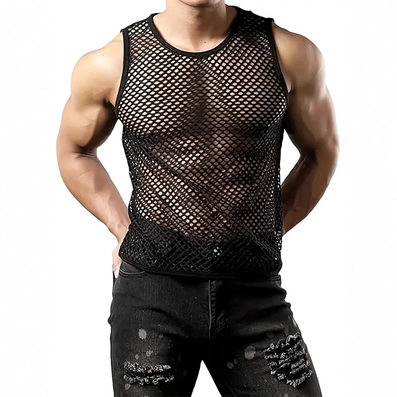 

New American Style Fashion Men Tank Tops Popular Vacation Hollow Out Mesh Vests Sexy Casual Sleeveless T-shirt S-2XL Summer Tops
