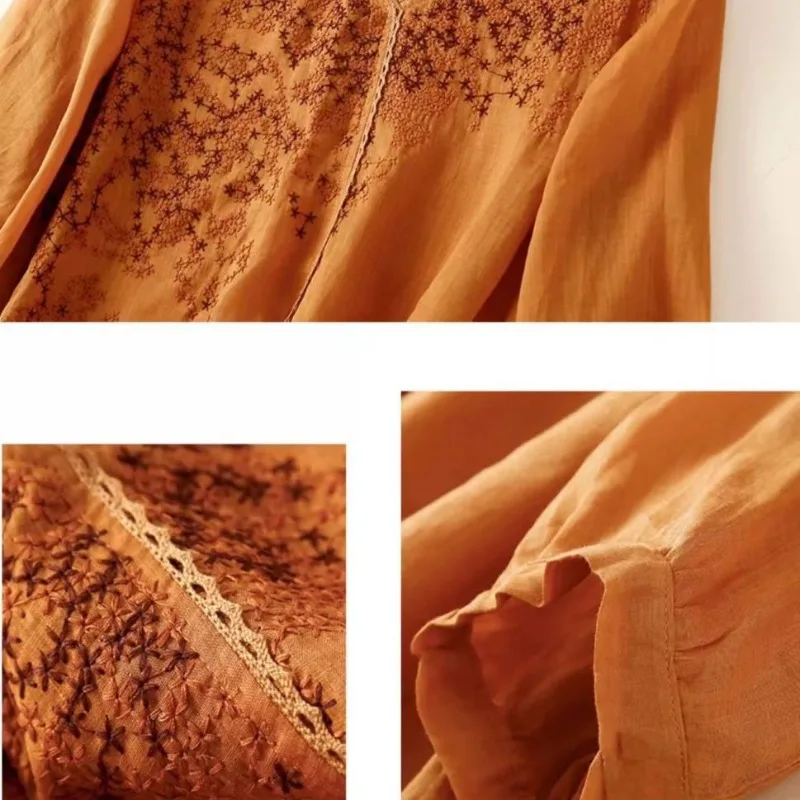 2024 Summer New Style Solid Color V-neck Women's Embroidered Lace Elegant Versatile Half Sleeve Loose Cotton Hemp Shirt Tops