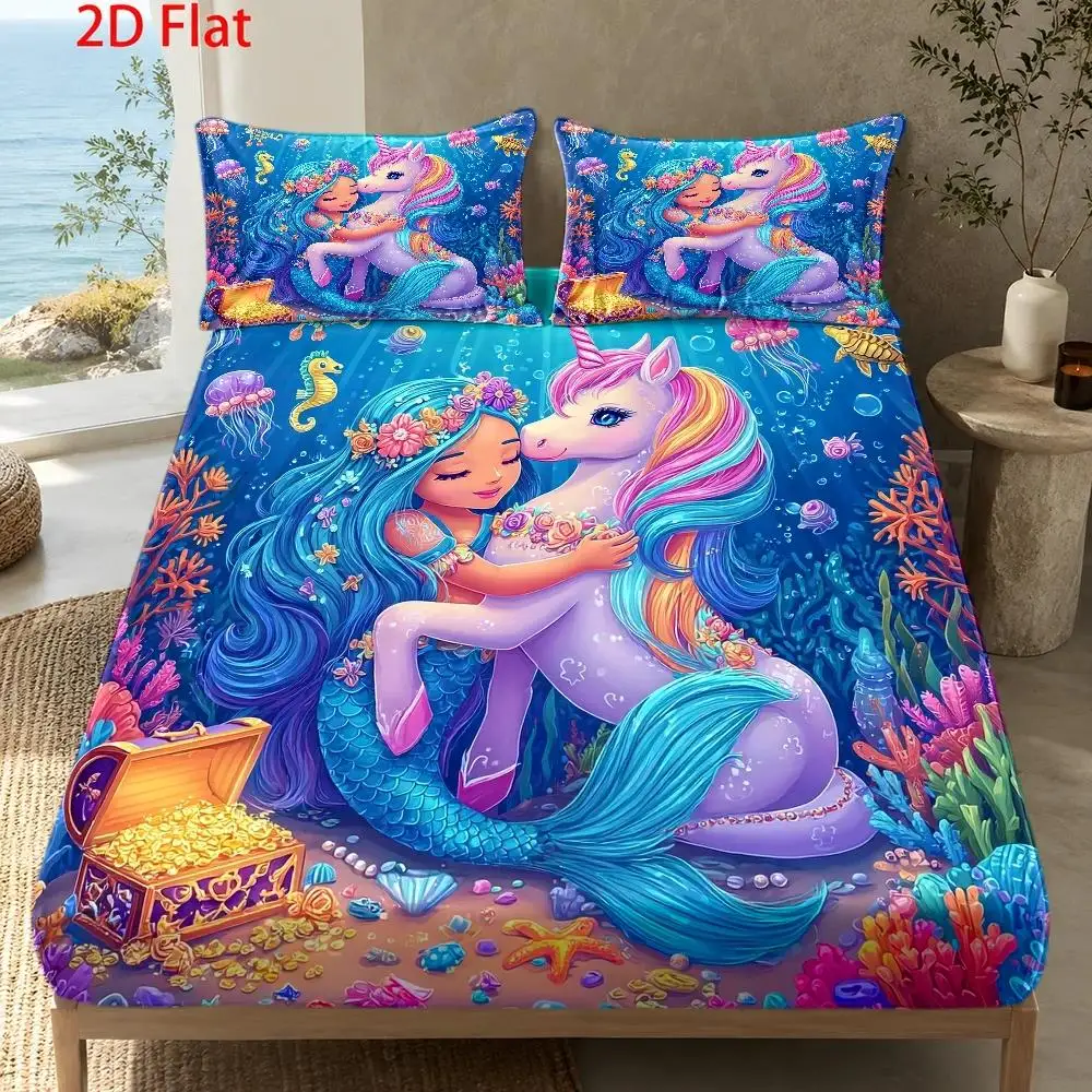 conjunto-de-cama-de-natal-com-estampa-digital-2d-de-tres-pecas-inclui-1-lencol-de-baixo-com-elastico-2-fronhas-protetor-de-colchao-estilo-lencol-de-baixo-com-elastico-capa-protetora-protetor-de-colchao-roupa-de-cama-estilo-lencol-de-baixo-unicornio-subaquatico-e-sereia-poliester-respiravel