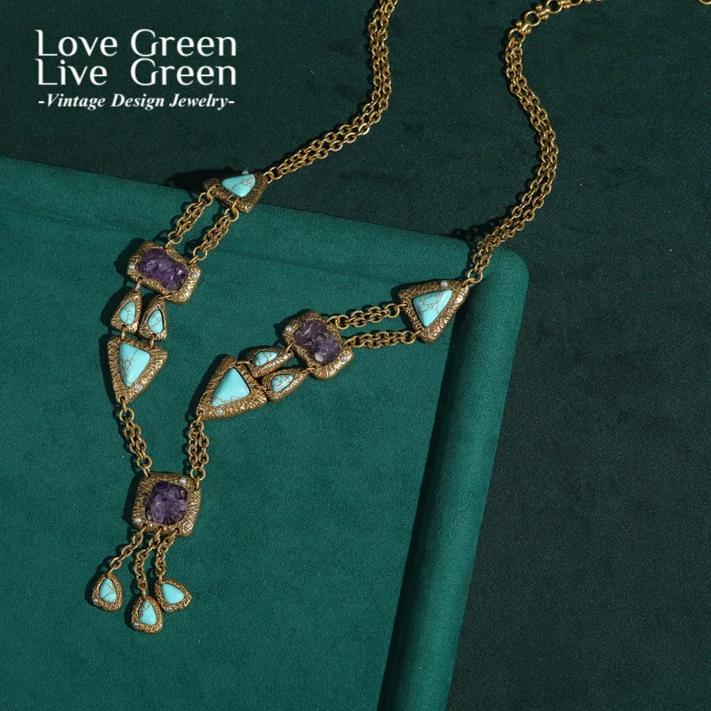 

Vintage Turquoise Tassel Triangle Charm Necklace Gold Color Purple Natural Stone For Woman Luxury High Quality Trendy Jewelry