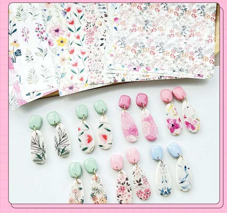 Flower Polymer Clay Watercolor Transfer Paper DIY Ink And Wash Marbling Printing Paper Soft Pottery Earrings Jewelry Making