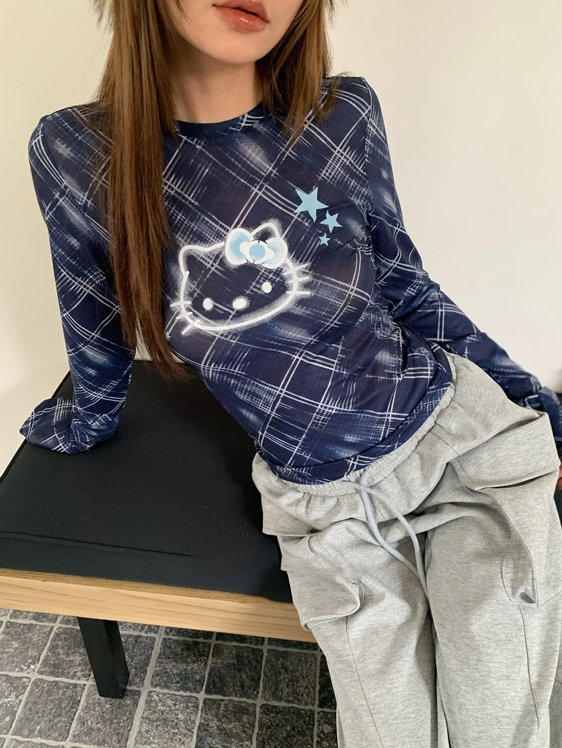 

Slim Fit Plaid Long Sve T-irt Women's Early Autumn New Sle American Sle Net Cloth Design Sense Top Trendy