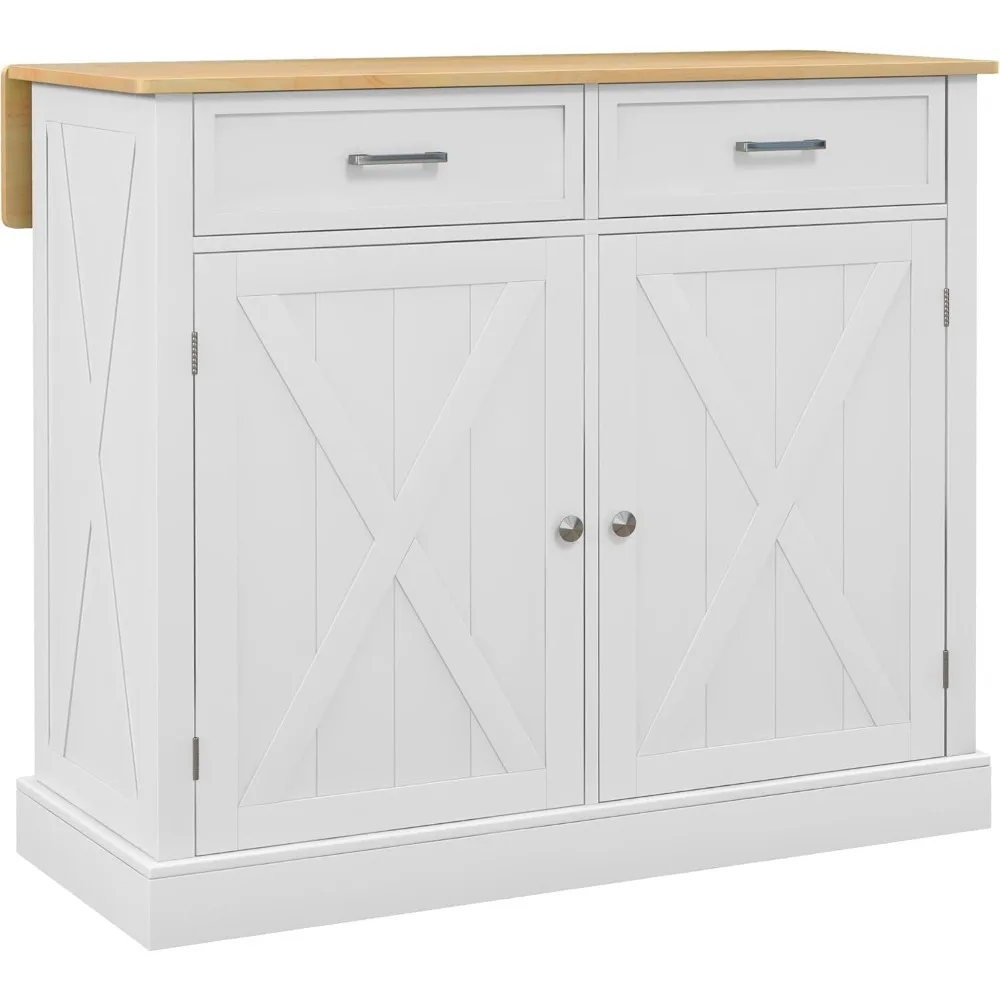 

Rolling Kitchen Island With Drop Leaf Wood Breakfast Bar, Farmhouse Kitchen Cart With 2 Drawers, Adjustable Shelves For Dining