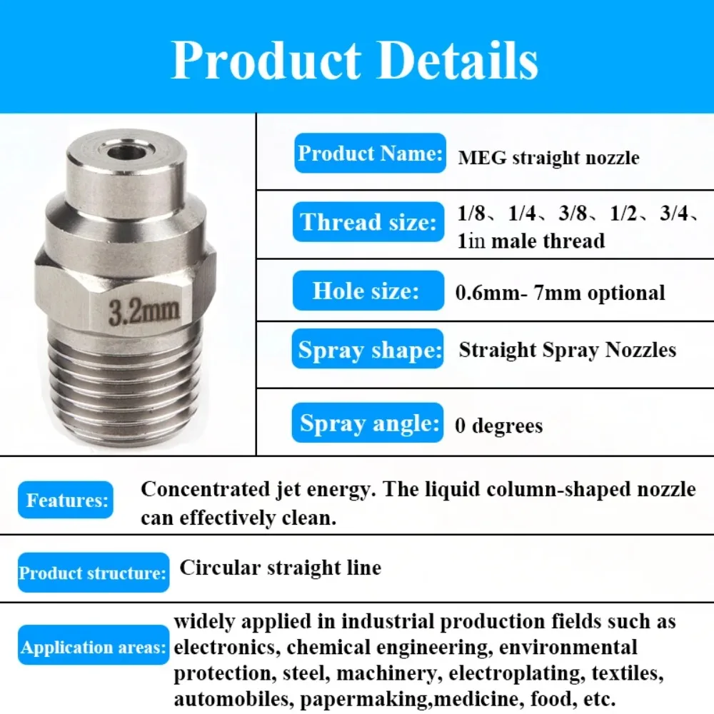 0 Degree Solid Cone Nozzle MEG-High Pressure Sprayer Solid Stream Straight Jet Nozzle Washer Nozzle 1/4"  0.71mm 0.84mm