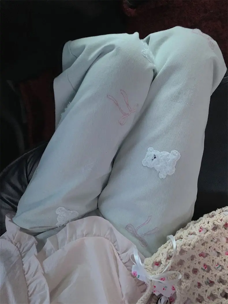 

Джинсы женские из плотного денима с вышивкой, с высокой талией, широкие прямые штанины, светло-голубые, осенняя новинка