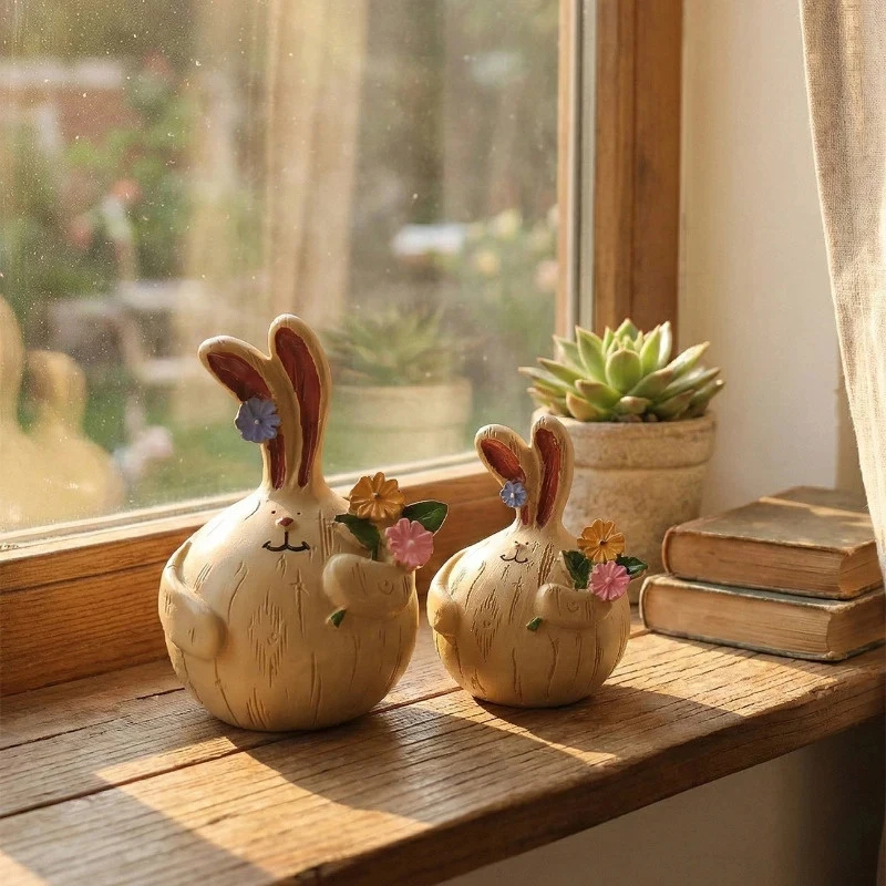Retro Imitation Wood Grain Rabbit Mini Figurine, Floral Resin Bunny Ornament, Bonsai Succulent Pot Desk Office Healing Decor