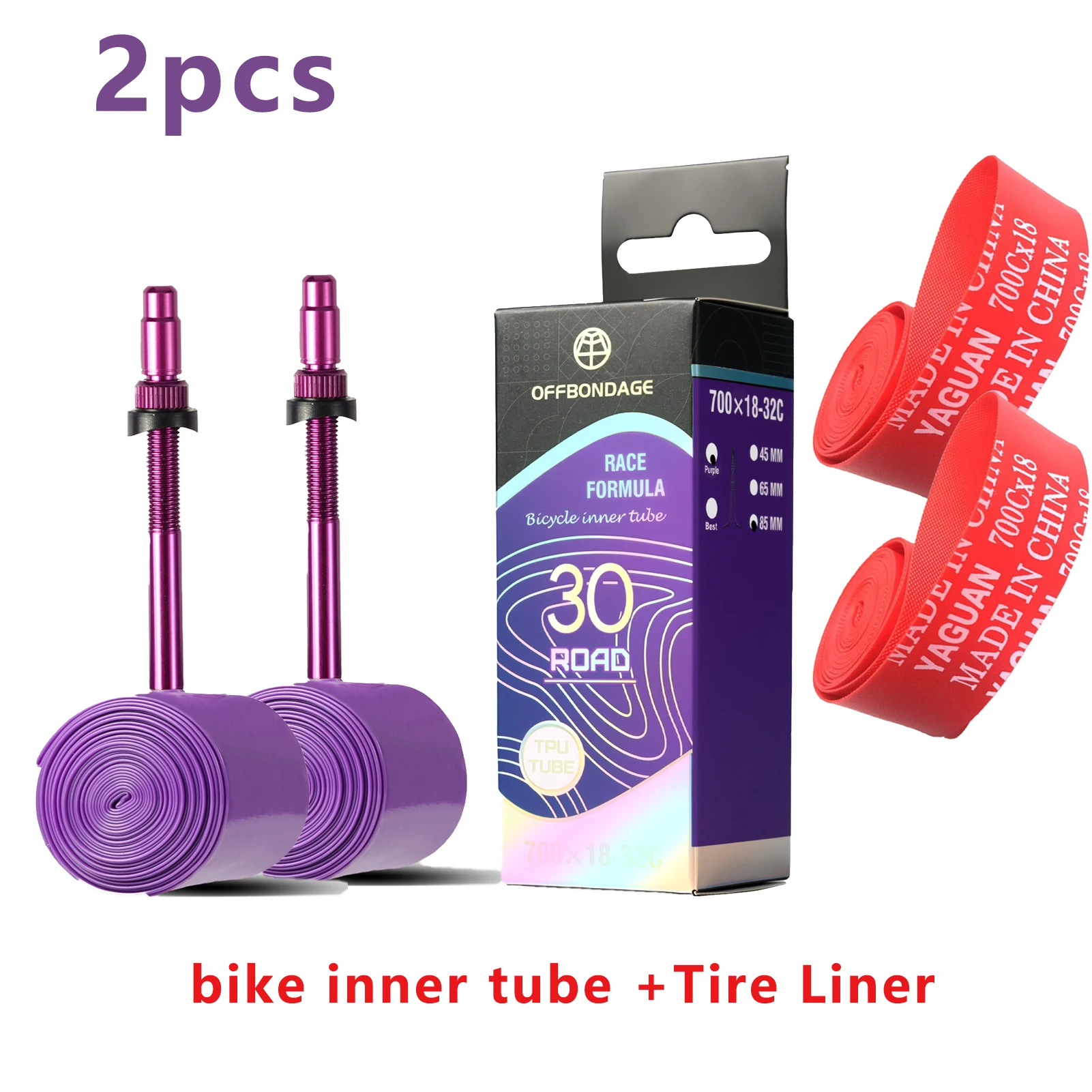 OFFBONDAGE 2 Stück Ultraleichter TPU-Fahrradschlauch 30 g 700c 18-32 Rennrad 45/65/85 mm Schlauch Aluminiumlegierung Französisches Ventil