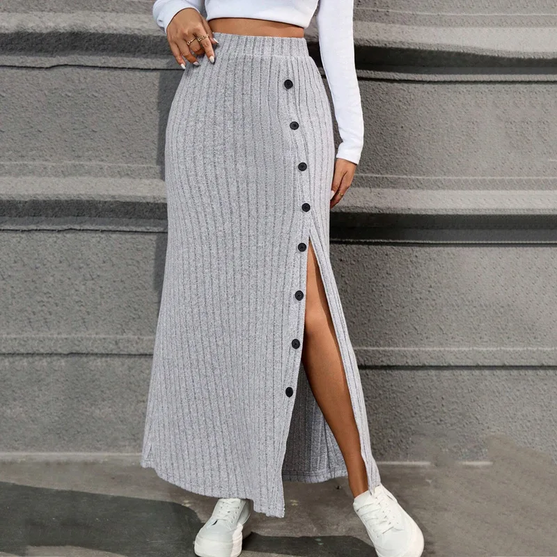 

Fashion Gray High Waist Split Design Rib Knitted Half Skirt with Button Decoration Women's Spring Summer Chic Casual Long Skirts