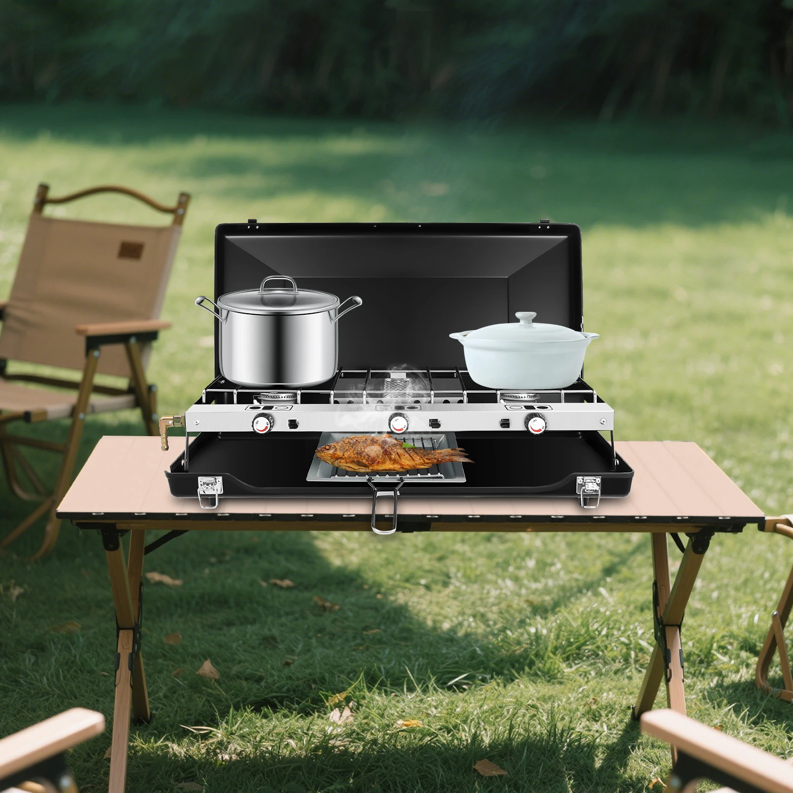3-Burner Camping Stove Foldable, Portable Gas Grill with 4.5kW Total Power, Piezo Ignition and Windscreen Lid for Outdoor Cooking 3