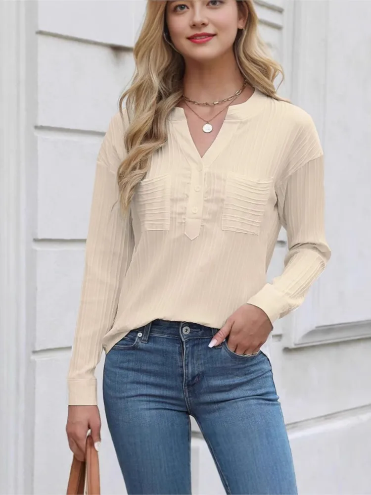 Spring Autumn New Women's Shirt Sexy Button V-neck Style Casual Solid Color Casual Set Headband Pocket Top