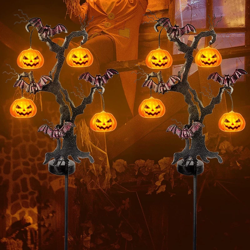 

Новый Хэллоуин на солнечной батарее, открытый двор, железное тыквенное дерево, летучая мышь, вставленная в землю, фестиваль призраков, атмосфера, украшение, пейзажный свет