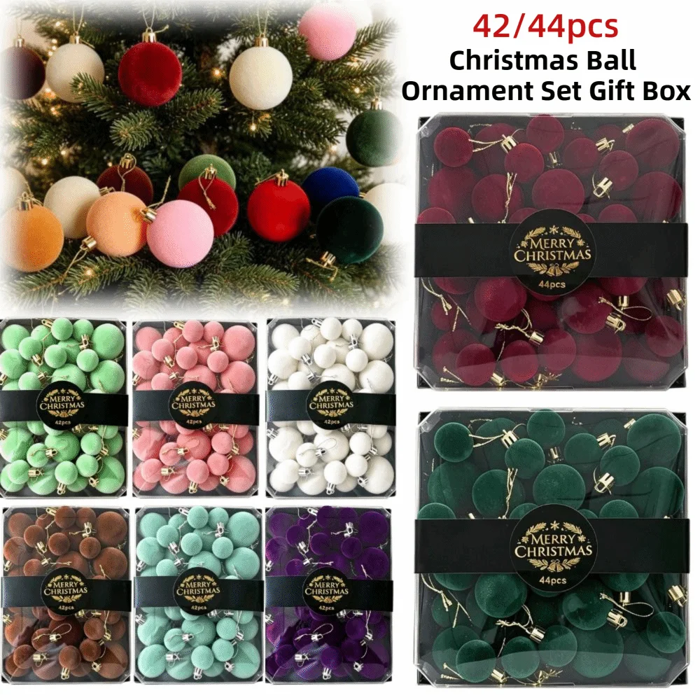 42/44pcs Flocked Christmas Ball Ornament Set Gift Box 3/4/5cm Wine Red Christmas Tree Hanging Balls Creative Velvet