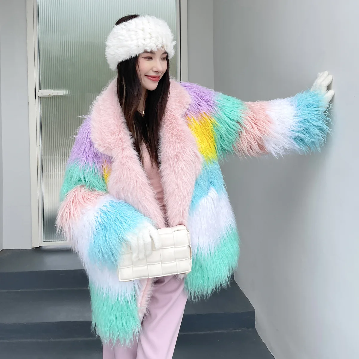 Faux Mongolia Sheep Fur Women Coats Striped Short Jackets Long Sleeves Open Stitch Loose Fit Elegant Casual 2026 Autumn Winter