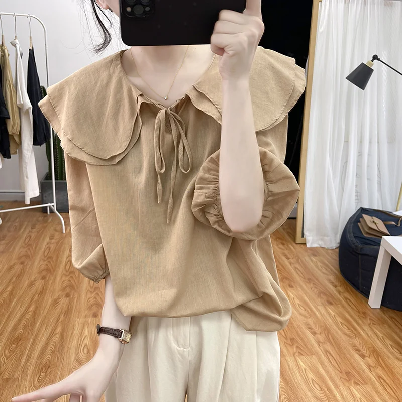 

Short Sleeve Shirts Womens Denim Patchwork Pintuck Balloon Shirt Streetwear American Urban Boyfriend Trend Modern