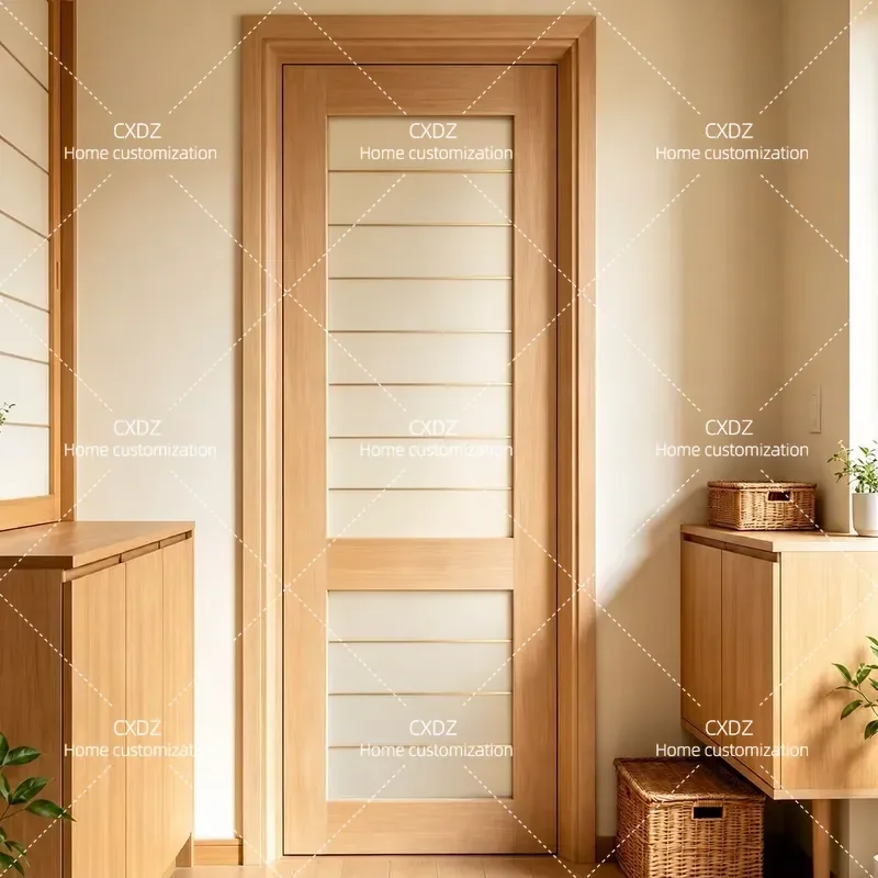 Japanese Style Home Interior Door Set with Gold Decorative Strips Flat Glass Lacquered Log Colored Wooden Door for Kitchen
